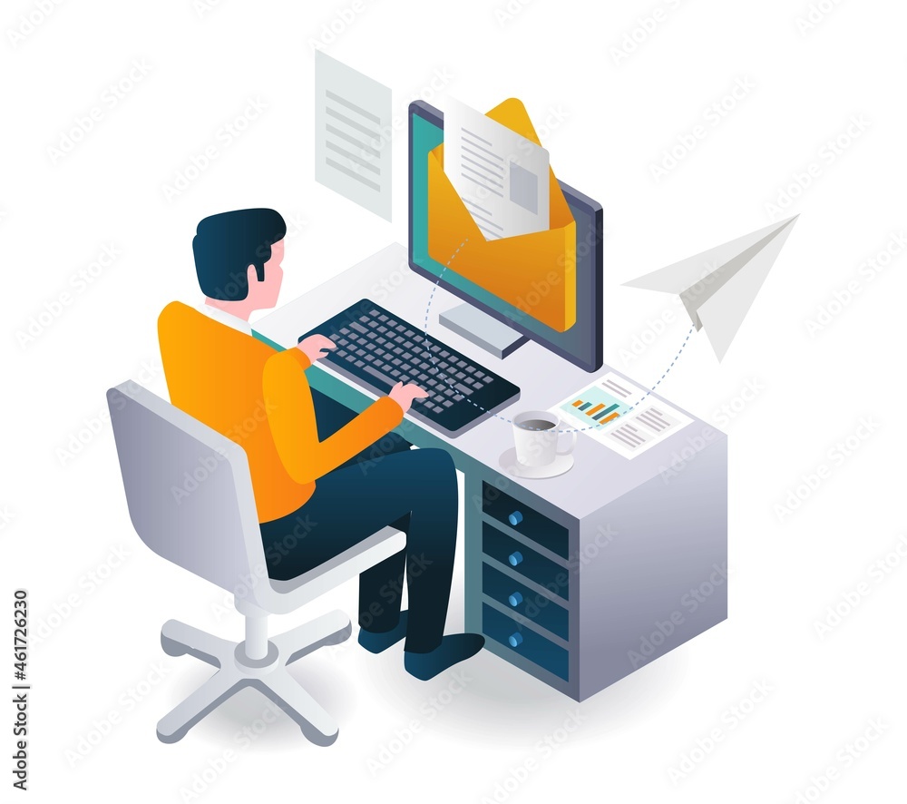Poster Man is sending email safely and work in desk