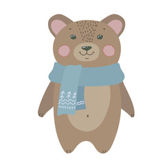 Cute teddy bear in a knitted sweater. Animal in cartoon style in pastel colors.Winter vector illustration isolated on white background.