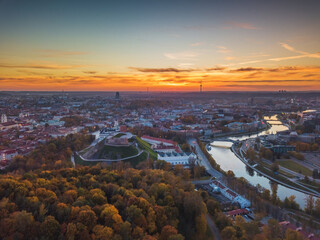 A view of Vilnius Old Town at sunset, city panorama from above