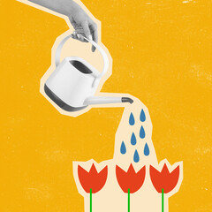 Contemporary art collage, modern design. Summer time mood. Female hand watering flowers.