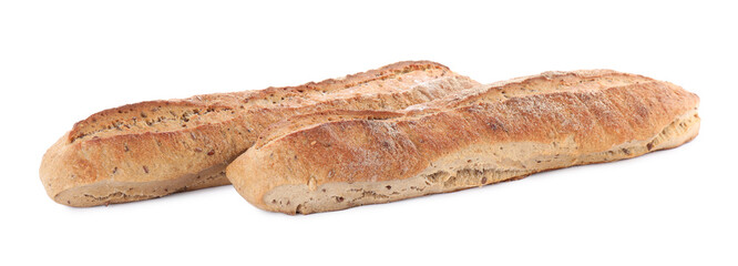 Tasty buckwheat baguettes on white background. Fresh bread