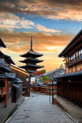 Hokanji Temple in the Gion district of Japan's old capital, Kyoto at golden hour