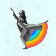 Dancing woman and rainbow isolated on light background. Contemporary art collage. Beauty. fashion,...