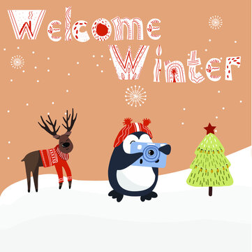 Christmas card with a photographing penguin, a deer in a sweater and a Christmas tree, with the inscription Welcome winter