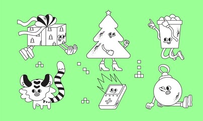 Sticker pack of funny christmas theme characters. Comic christmas tree, cocoa paper cup, present or gift, ball and tiger with abstract faces. Big set of comic elements in trendy retro cartoon style.