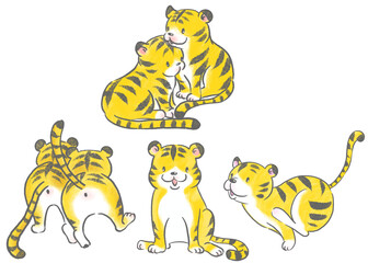 かわいいトラのキャラクター、手描きイラストセット／Cute tiger character, hand-drawn illustration set