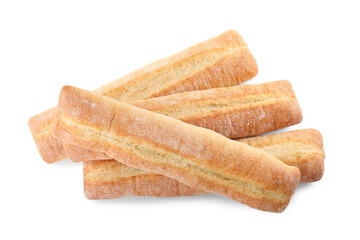 Tasty baguettes on white background, top view. Fresh bread