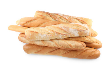 Different tasty baguettes on white background, top view. Fresh bread