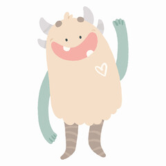 Cute cartoon monster with horns smiling and waving hand, kids illustration
