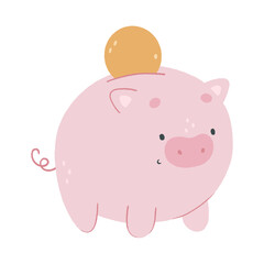 Cute cartoon piggy bank with a gold coin