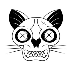 Cartoon black cat head with skull, cute Schrodinger s cat illustration, half dead and alive. Funny Halloween clip art