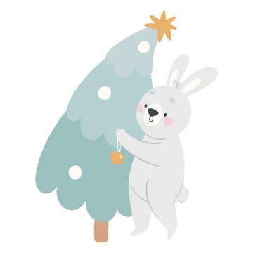 Cute rabbit bunny decorating the Christmas Tree, kids illustration