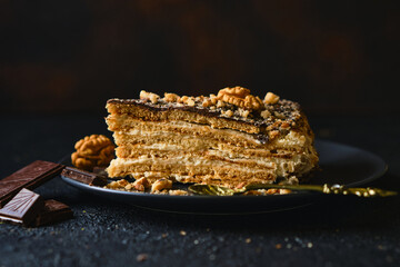 Biscuit cake with sour cream, nuts and chocolate glaze
