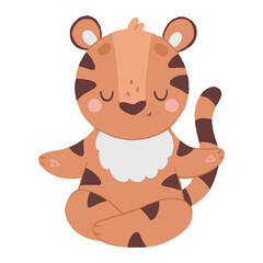 Cute tiger meditates in a lotus position, animals yoga 