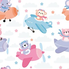 Seamless pattern with cute animals on planes in sky. Cartoon funny pilots. Giraffe, bear, tiger, elephant, monkey. Kid vector illustration