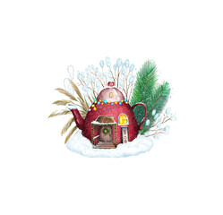 Christmas red teapot in the snow with spruce twigs. Watercolor Winter Cozy house with windows isolated on a white background. New Year's Card. Kettle. Cute Illustration