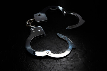 Police metal real handcuffs on the black background. Crime and robbery, prison concept.