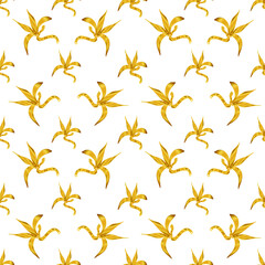 Fototapeta na wymiar Hand drawn vector seamless pattern with golden bamboo leaves. For textiles, wrapping paper, wallpaper, cards, notebook covers, wedding invitations.