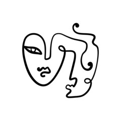 Black ink modern abstract face portrait. Linear art contemporary painting. Fashion style minimalist drawing. Good for poster design and more. Vector illustration