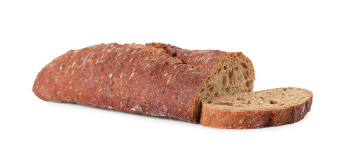 Pieces of fresh buckwheat baguette on white background