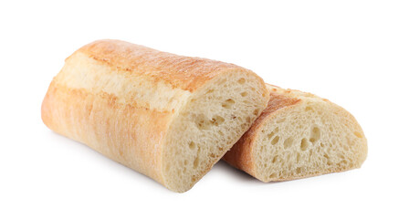 Pieces of fresh baguette on white background