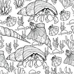 Marine background. Shells, mollusk, punished. Seaweed. Hand-drawn graphics, water world, wildlife. Background for children and adults. For painting, textiles, design, coloring, print. Stock illustrati - 461731497