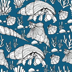 Marine background. Shells, mollusk, punished. Seaweed. Hand-drawn graphics, water world, wildlife. Background for children and adults. For painting, textiles, design, coloring, print. Stock illustrati - 461731613