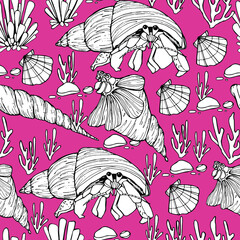 Marine background. Shells, mollusk, punished. Seaweed. Hand-drawn graphics, water world, wildlife. Background for children and adults. For painting, textiles, design, coloring, print. Stock illustrati