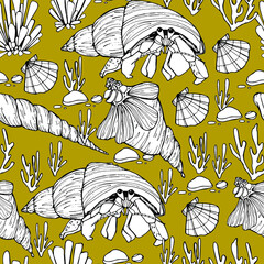 Marine background. Shells, mollusk, punished. Seaweed. Hand-drawn graphics, water world, wildlife. Background for children and adults. For painting, textiles, design, coloring, print. Stock illustrati - 461731645