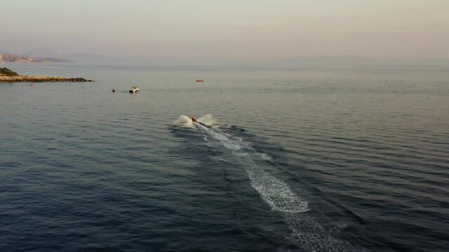 Jet Ski Fast  Drone 4K Albania Jale Beach Sunset Livadi Beach