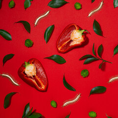 Red bell pepper with green leaves and flowers on a bright trendy red background. Golden centipedes near the pepper. Minimalistic composition from above. Food trends 