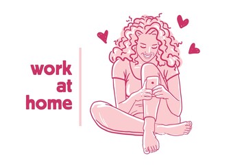 girl with smartphone sitting on the floor romantic communication vector sketch
