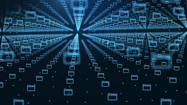 abstract dark blue digital grid data Data Stream Tunnel into communication technology background. Files, Folder Or Documents Transferring Digital binary data, streaming, software source code.