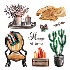 Vector set of autumn elements: sweater, candles, cozy armchair, cactus, cones, a tray with a vase and dried flowers. Album-collection of elements of the autumn season. Sweet home set. Autumn postcard