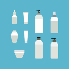 Vector Set of Bottles, Cleansers, Different Cosmetic Products, Icons Collection Isolated on Blue Background, Containers of Cream, Shampoo, Lotion.
