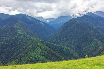 Fototapeta na wymiar Coniferous mountains of Svaneti under the clouds. Mestia, Heshkili.