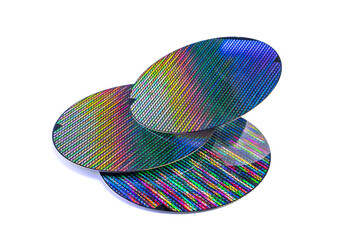 Silicon wafer with chips isolated on white background - obrazy, fototapety, plakaty