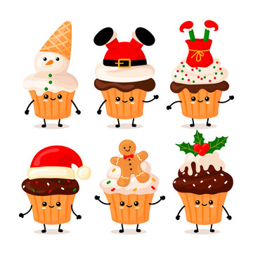 set cute kawai cupcakes with Merry Christmas written. cartoon style.