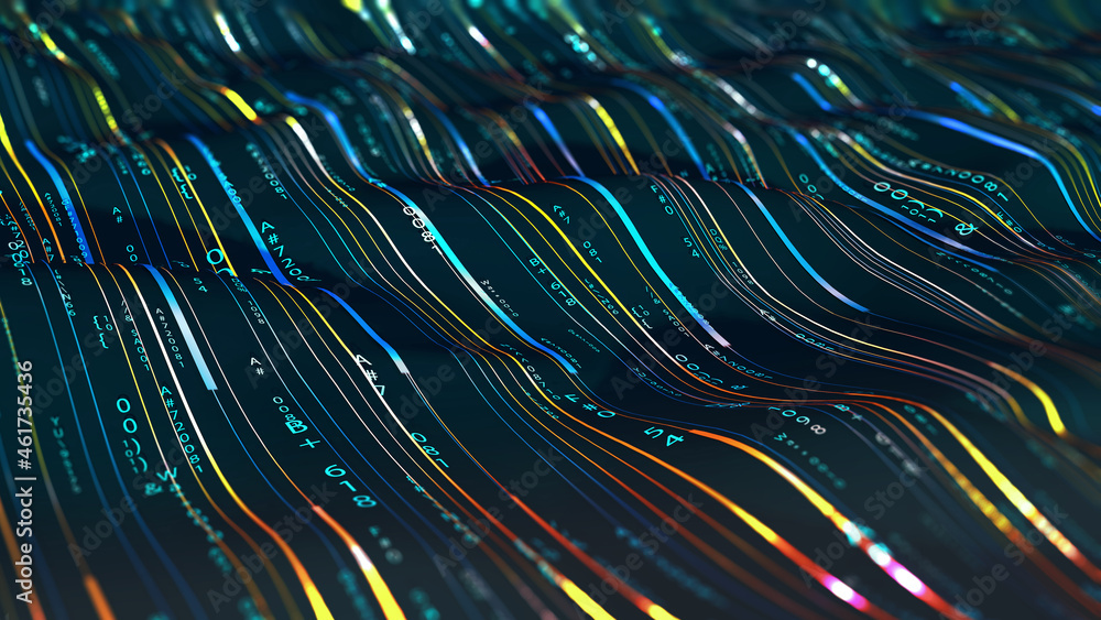 Poster Information loop, encoded data, data stream 3D illustration. Linear waves in cyberspace. Electrical impulses in a neural network. Big data analytics. Hi-tech background