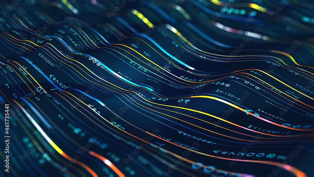 Aufkleber Information loop, encoded data, data stream 3D illustration. Linear waves in cyberspace. Electrical impulses in a neural network. Big data analytics. Hi-tech background