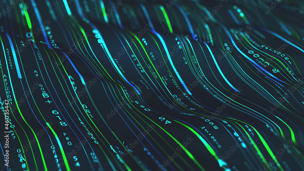 Aufkleber Information loop, encoded data, data stream 3D illustration. Linear waves in cyberspace. Electrical impulses in a neural network. Big data analytics. Hi-tech background