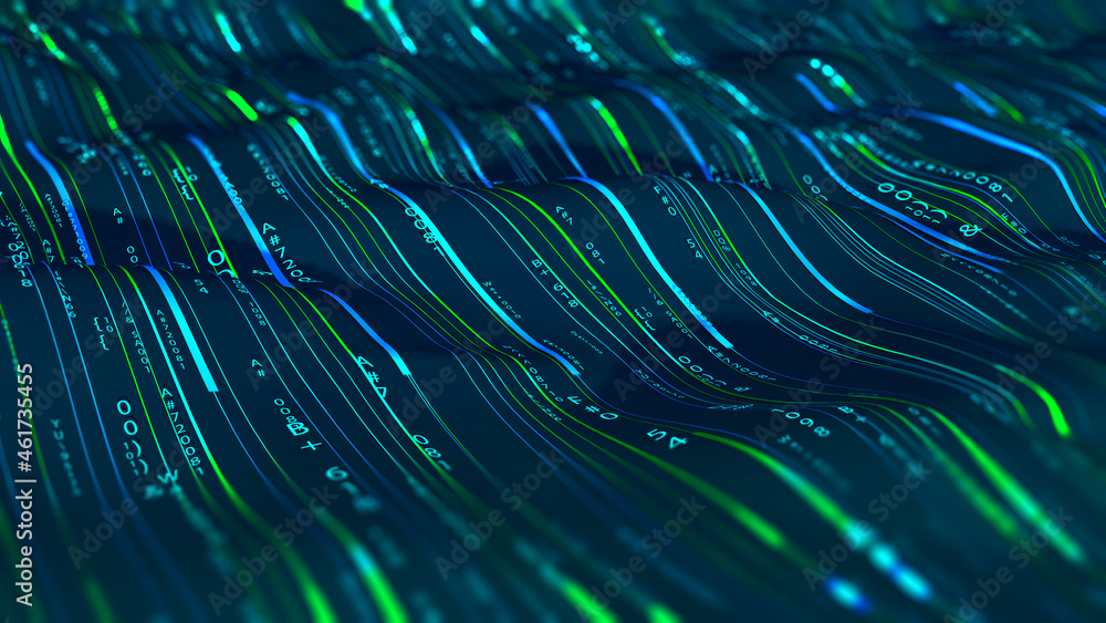 Poster Big data flow, information field of innovation, digital cyber wave, coded information, current code. Wavy lines and color variety 3D illustration