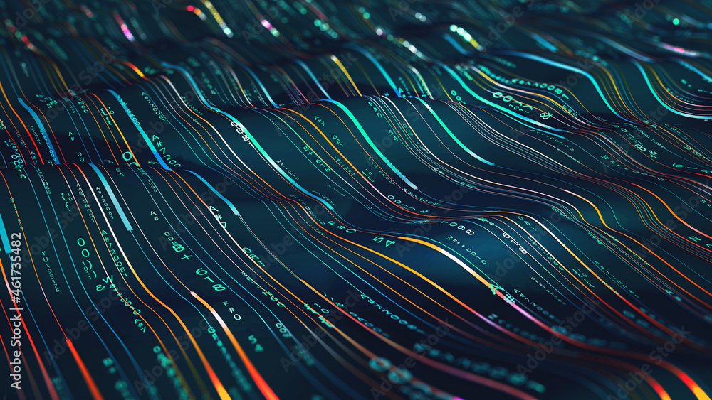Poster Information loop, encoded data, data stream 3D illustration. Linear waves in cyberspace. Electrical impulses in a neural network. Big data analytics. Hi-tech background