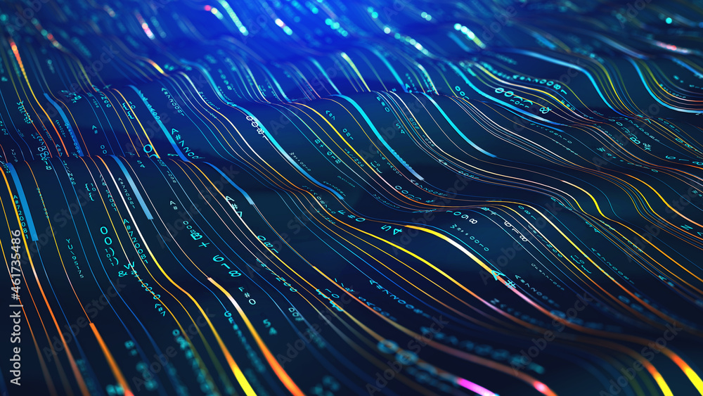 Poster Big data flow, information field of innovation, digital cyber wave, coded information, current code. Wavy lines and color variety 3D illustration