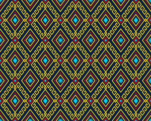 Yellow Red Tribe or Ethnic Seamless Pattern on Blue Background in Symmetry Rhombus Geometric Bohemian Style for Clothing or Apparel,Embroidery,Fabric,Package Design