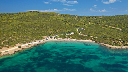Aerial drone photo of famous sandy beach of Kyra Panagia in island of Skiros, Sporades, Greece