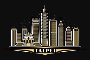 Naklejka premium Vector illustration of Taipei, horizontal poster with linear design illuminated taipei city scape on dusk sky background, asian urban line art concept with decorative lettering for word taipei on dark