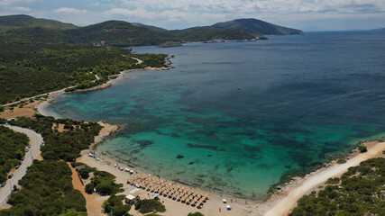 Aerial drone photo of famous sandy beach of Kyra Panagia in island of Skiros, Sporades, Greece