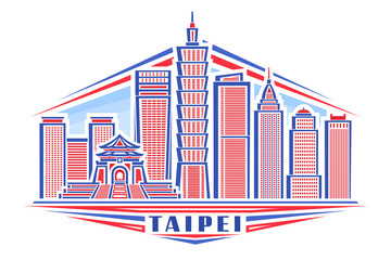 Obraz premium Vector illustration of Taipei, horizontal poster with linear design taipei city scape on day sky background, outline urban line art concept with decorative lettering for blue word taipei on white.