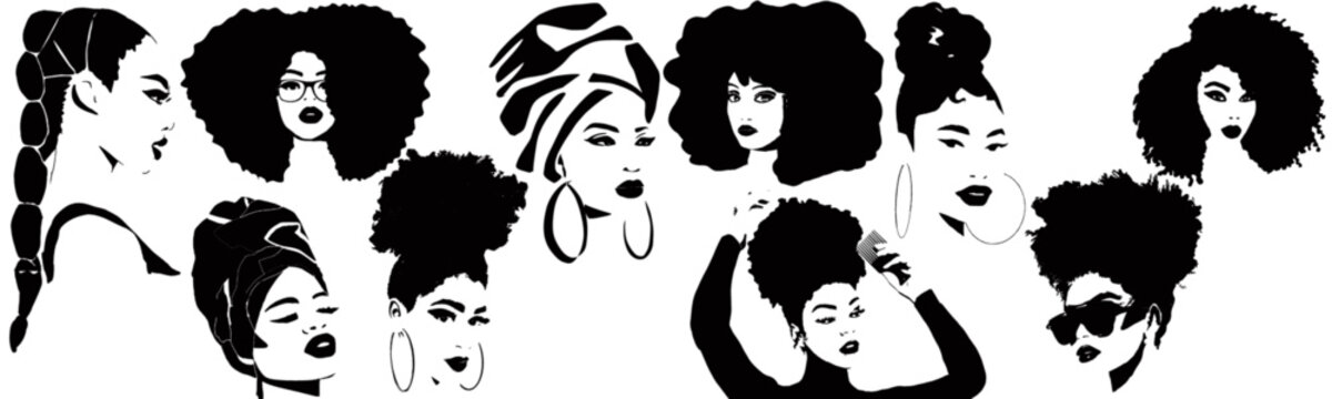 Set of beautiful black women with afro hair, turban, comb and braids. African girls silhouette for logo. Vector template black sisterhood. Hairdresser or make up artist template for curly hairstyles